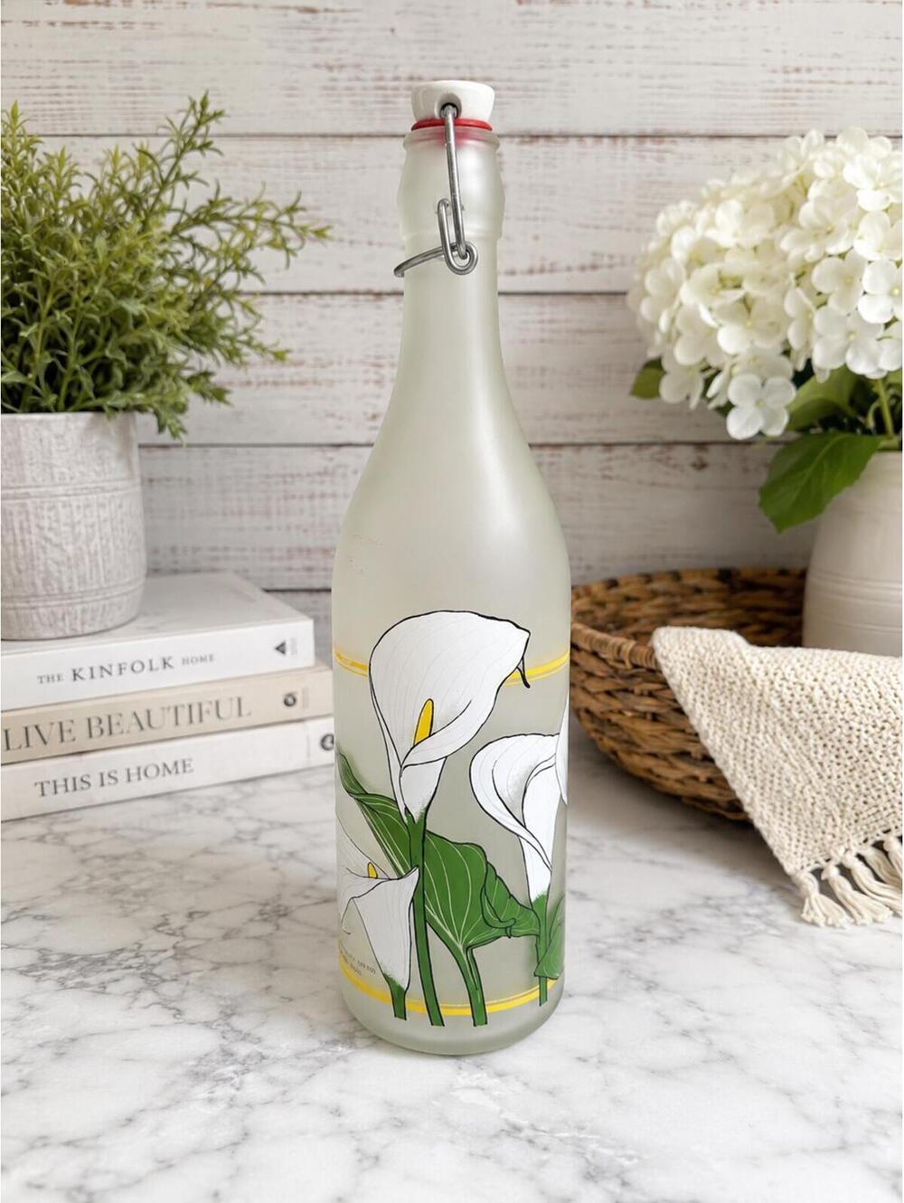 Vintage 1980s Cerve Italy Lillian Vernon Frosted Glass Calla Lily Bottle 12"